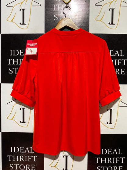 NEXT |L| BUST 21| A12| BRIGHT RED PUFF SLEEVE BLOUSE - V-SPLIT NECK TOP