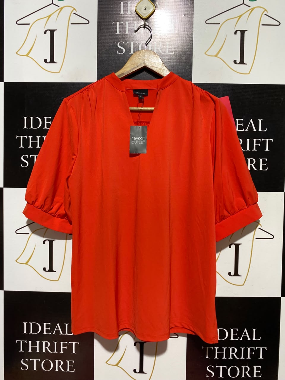 NEXT |L| BUST 21| A12| BRIGHT RED PUFF SLEEVE BLOUSE - V-SPLIT NECK TOP