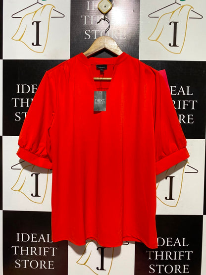NEXT |L| BUST 21| A12| BRIGHT RED PUFF SLEEVE BLOUSE - V-SPLIT NECK TOP