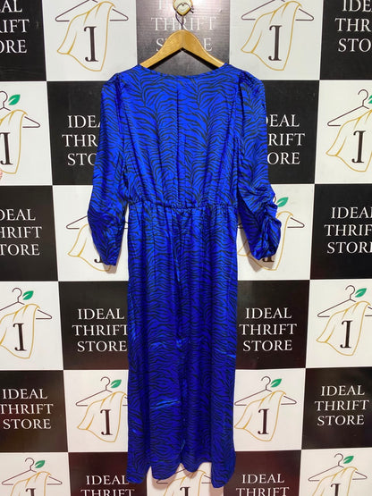 GEORGE |L| BUST 19| A12| ROYAL BLUE ZEBRA PRINT SATIN MIDI DRESS - V-NECK HIGH-LOW DRESS