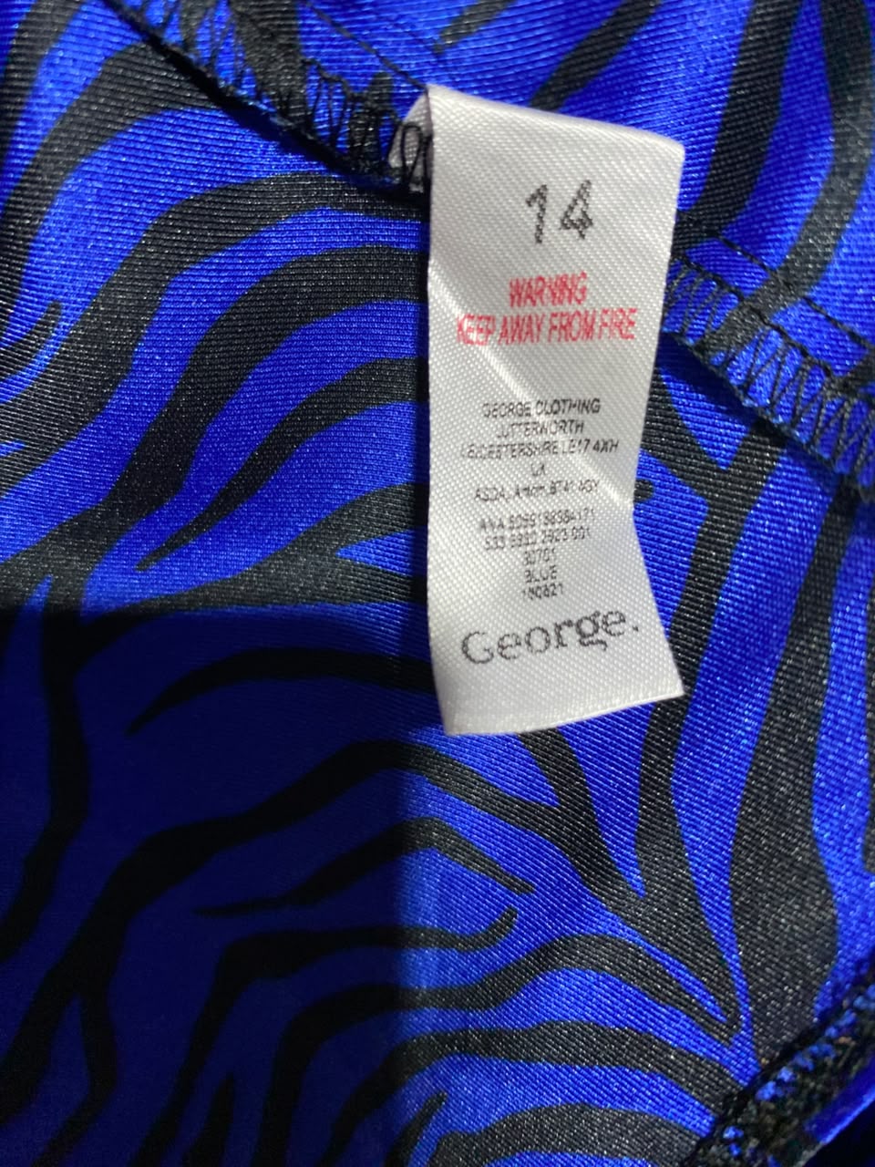 GEORGE |L| BUST 19| A12| ROYAL BLUE ZEBRA PRINT SATIN MIDI DRESS - V-NECK HIGH-LOW DRESS