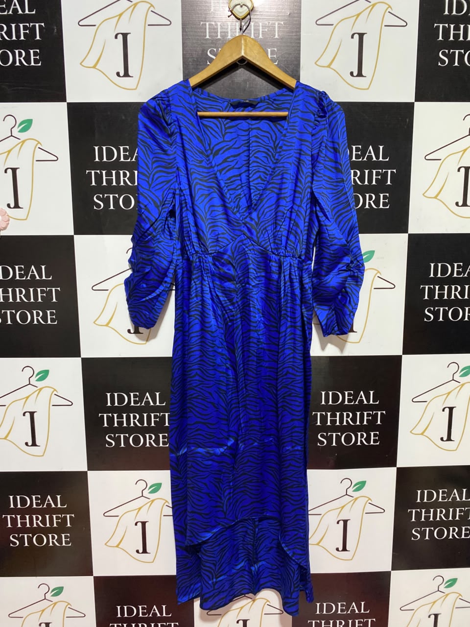 GEORGE |L| BUST 19| A12| ROYAL BLUE ZEBRA PRINT SATIN MIDI DRESS - V-NECK HIGH-LOW DRESS