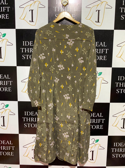 PER UNA |M| BUST 19| A12| OLIVE GREEN FLORAL MIDI DRESS - LONG SLEEVE BUTTON FRONT DRESS