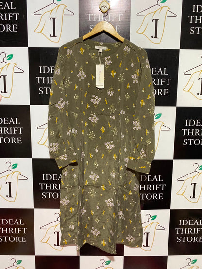 PER UNA |M| BUST 19| A12| OLIVE GREEN FLORAL MIDI DRESS - LONG SLEEVE BUTTON FRONT DRESS