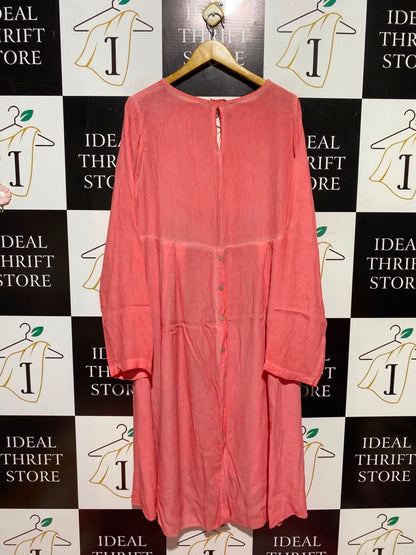 |XL| BUST 23| A12| CORAL PINK CALLA LILY PRINT TUNIC DRESS - HIGH-LOW LONG SLEEVE DRESS