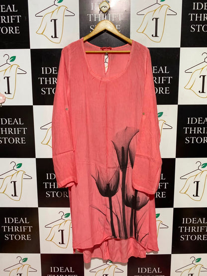 |XL| BUST 23| A12| CORAL PINK CALLA LILY PRINT TUNIC DRESS - HIGH-LOW LONG SLEEVE DRESS