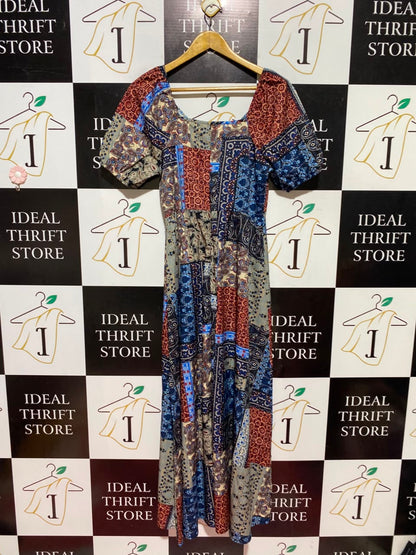 |L| BUST 18| A12| MULTICOLOR PATCHWORK PAISLEY MAXI DRESS - PUFF SLEEVE BOHO DRESS