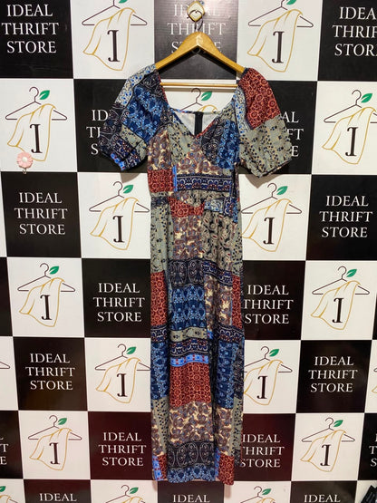 |L| BUST 18| A12| MULTICOLOR PATCHWORK PAISLEY MAXI DRESS - PUFF SLEEVE BOHO DRESS