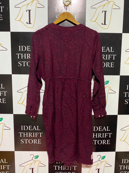 BRAKEBURN |M| BUST 19| A12| MAROON PRINTED BUTTON-FRONT KNEE-LENGTH DRESS - DRAWSTRING WAIST CASUAL DRESS