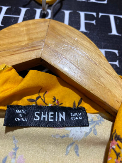 SHEIN |M| BUST 18| A12| MUSTARD YELLOW FLORAL RUFFLE MAXI DRESS - LONG SLEEVE TIE-NECK DRESS
