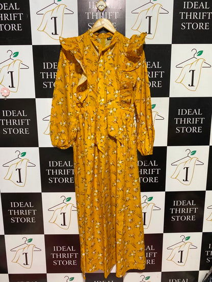 SHEIN |M| BUST 18| A12| MUSTARD YELLOW FLORAL RUFFLE MAXI DRESS - LONG SLEEVE TIE-NECK DRESS