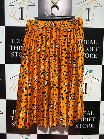 |XL| WAIST 34| A12| VIBRANT ORANGE LEOPARD PRINT PLEATED MIDI SKIRT - HIGH-WAISTED SATIN SKIRT