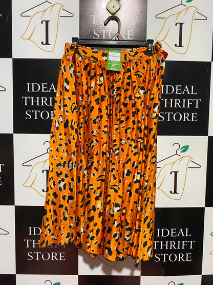 |XL| WAIST 34| A12| VIBRANT ORANGE LEOPARD PRINT PLEATED MIDI SKIRT - HIGH-WAISTED SATIN SKIRT