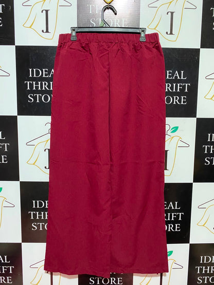 |XL| WAIST 32| A12| MAROON RED HIGH-WAISTED WIDE-LEG TROUSERS - ELASTIC WAIST CASUAL PANTS