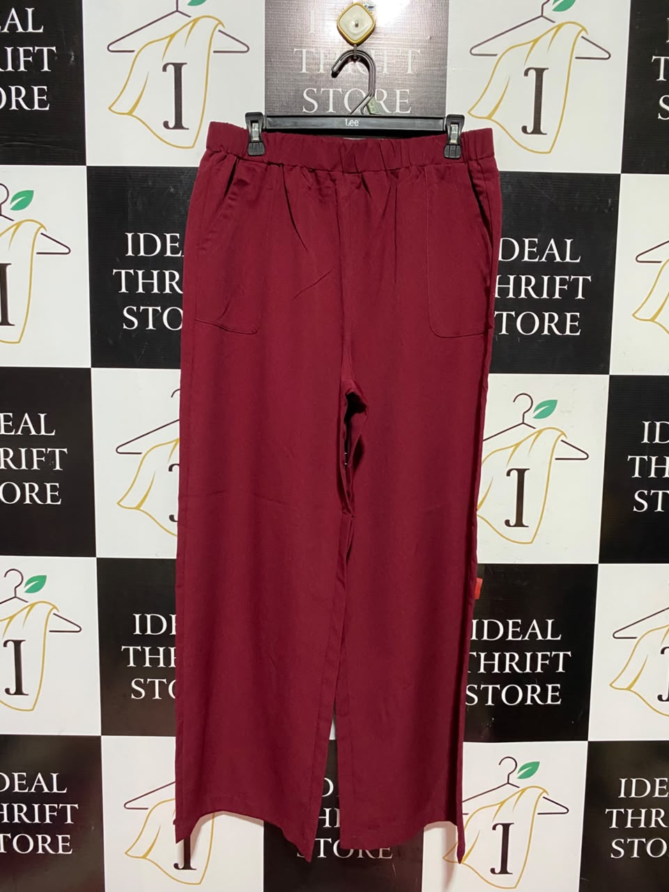 |XL| WAIST 32| A12| MAROON RED HIGH-WAISTED WIDE-LEG TROUSERS - ELASTIC WAIST CASUAL PANTS