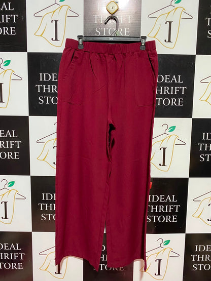 |XL| WAIST 32| A12| MAROON RED HIGH-WAISTED WIDE-LEG TROUSERS - ELASTIC WAIST CASUAL PANTS