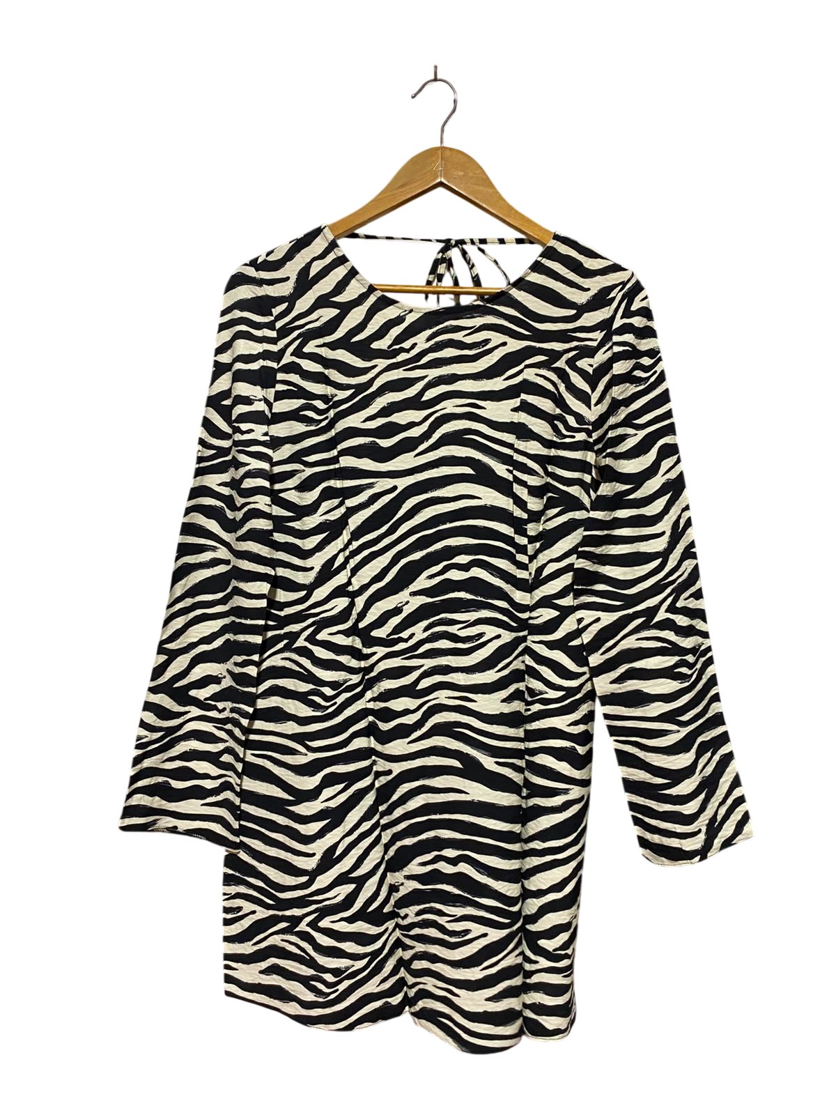 PRIMARK |L| BUST 18| A13| WOMEN'S MONOCHROME ZEBRA STRIPE TIE-BACK LONG-SLEEVE MINI DRESS