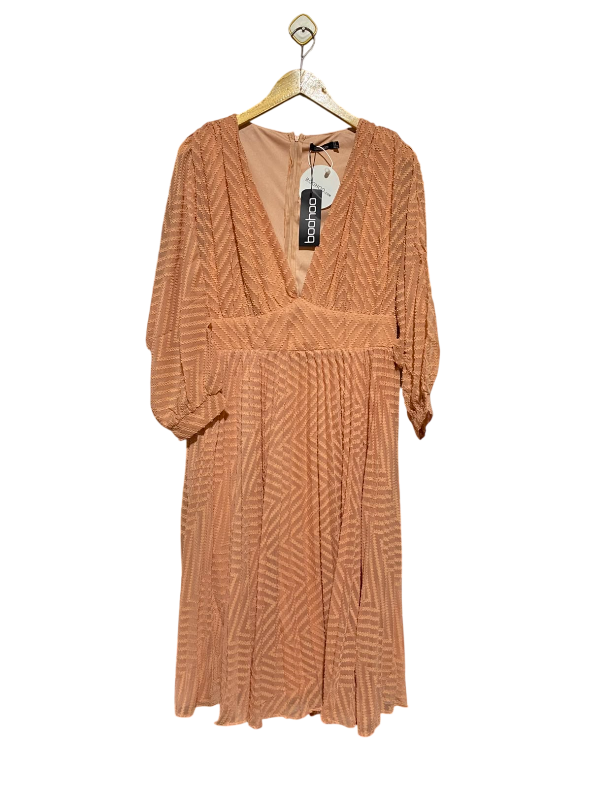 BOOHOO |L| BUST FREE| A14| PEACH GEOMETRIC TEXTURED V-NECK MIDI DRESS