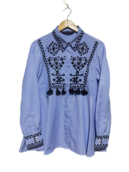 ZARA WOMAN |L| BUST 20| A14| BLUE STRIPED EMBROIDERED TASSEL BUTTON-DOWN SHIRT
