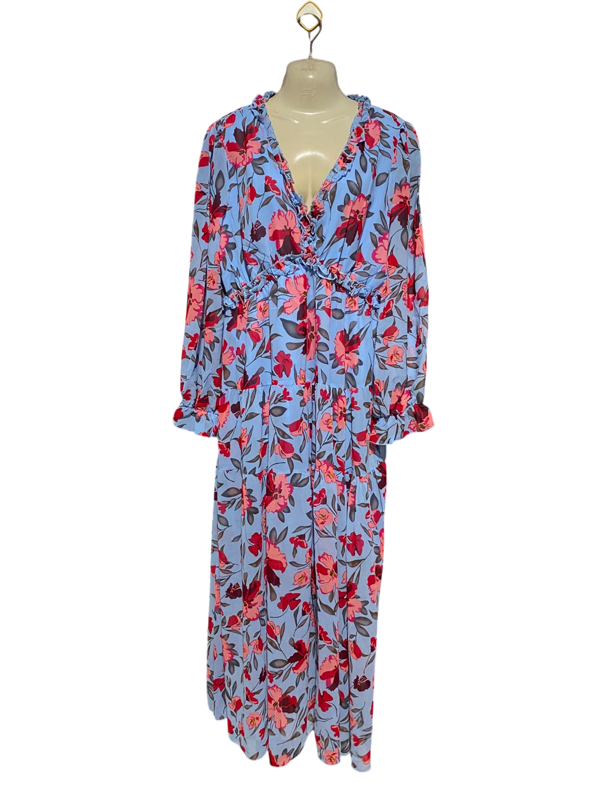 |XL| BUST 20| A14| LIGHT BLUE & PINK FLORAL RUFFLE-TRIM TIERED MAXI DRESS