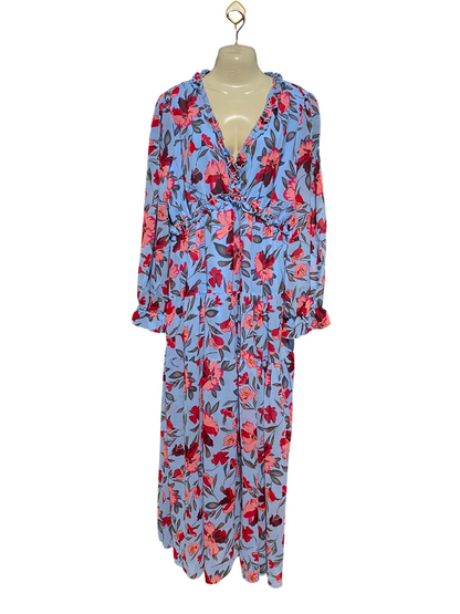 |XL| BUST 20| A14| LIGHT BLUE & PINK FLORAL RUFFLE-TRIM TIERED MAXI DRESS