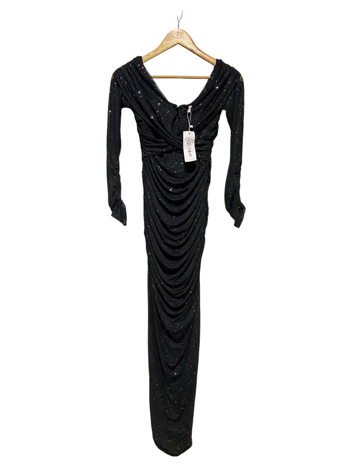 D & M |L| BUST 15| A14| BLACK METALLIC SHIMMER LONG-SLEEVE RUCHED MAXI DRESS
