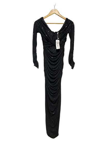 D & M |L| BUST 15| A14| BLACK METALLIC SHIMMER LONG-SLEEVE RUCHED MAXI DRESS