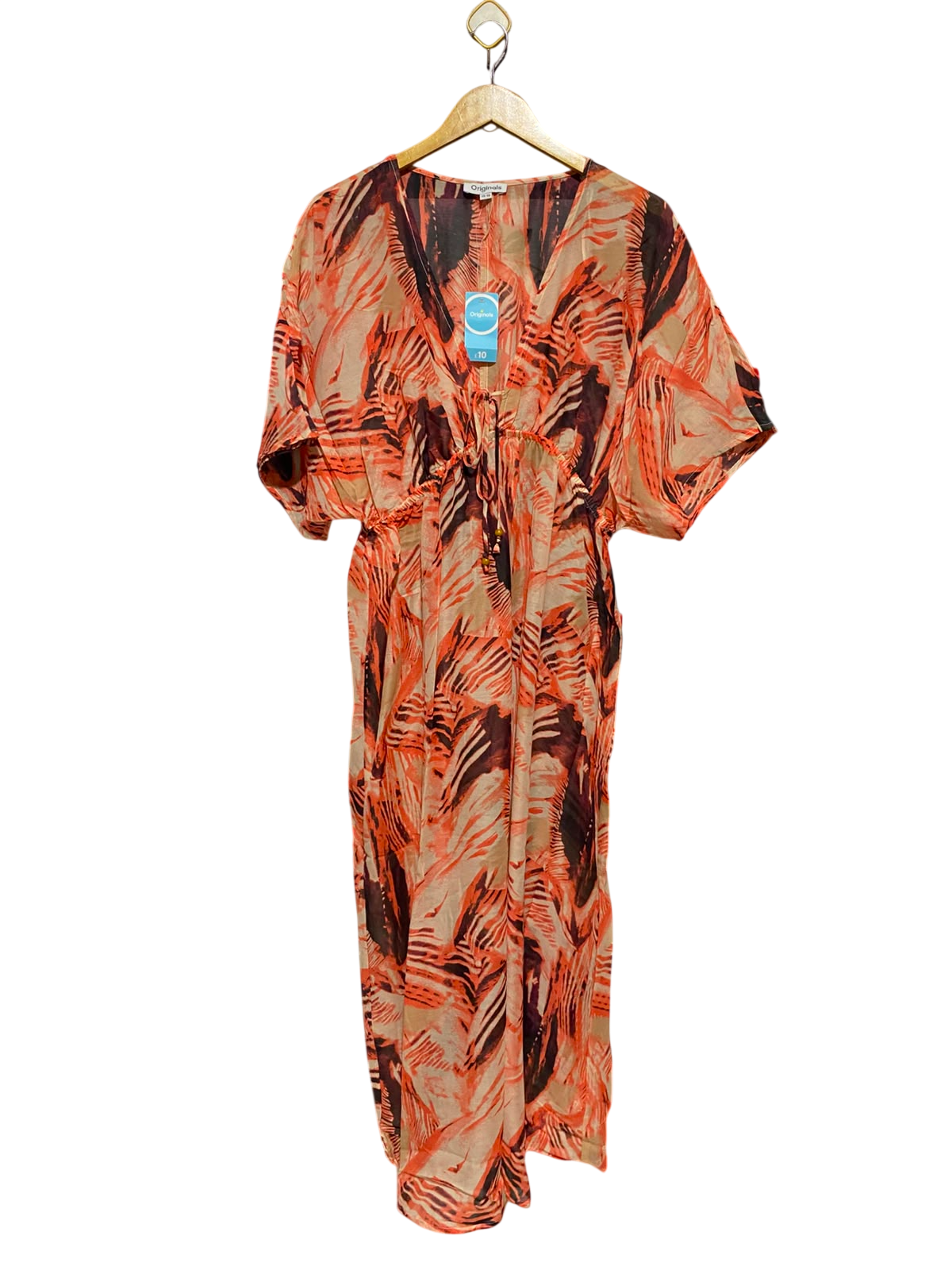 ORIGNALS |L| BUST FREE| A14| ORANGE & BROWN ABSTRACT PRINT DRAWSTRING KAFTAN MAXI DRESS