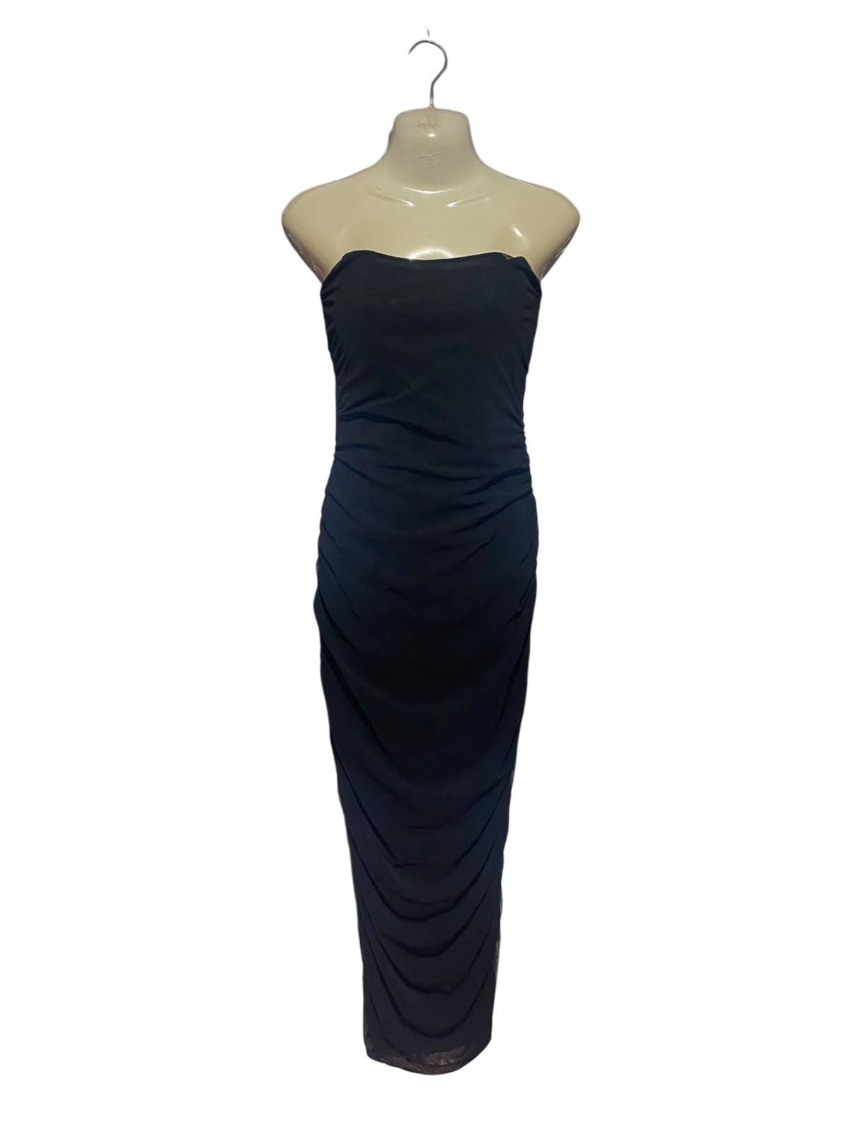 PRETTYLITTLE THING |S| BUST 15| A14| BLACK STRAPLESS RUCHED MESH MAXI DRESS