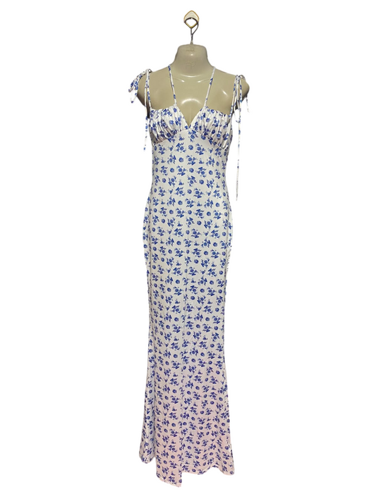 PARTHEA |S| BUST 16| A14| WHITE & BLUE FLORAL CAMI SLIP MAXI DRESS WITH SHOULDER TIES
