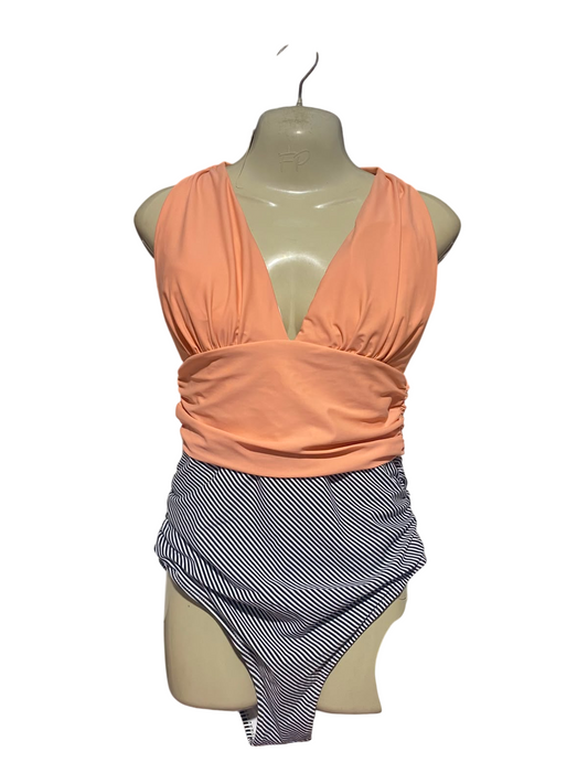 CUPSHE |L| BUST 16| A14| PEACH & NAVY STRIPED PLUNGING V-NECK ONE-PIECE SWIMSUIT