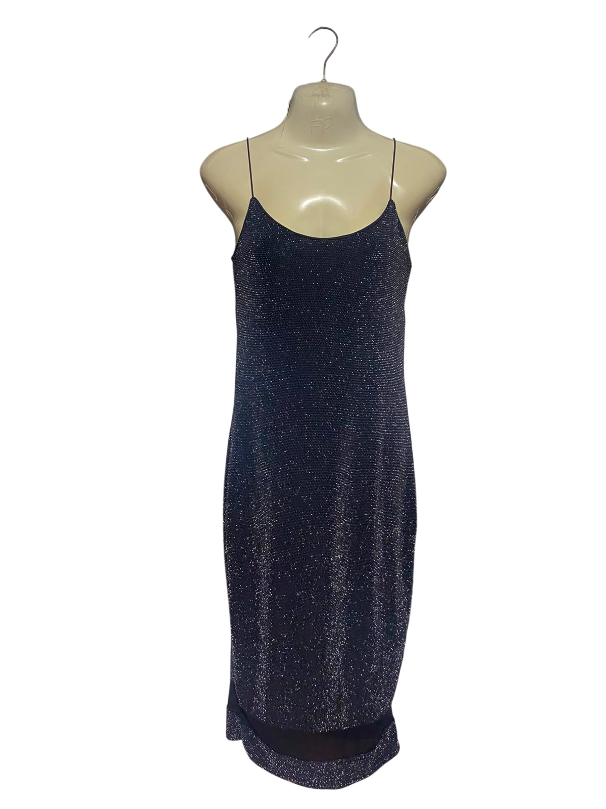 MISS LOOK |S| BUST 15| A14| BLACK & SILVER METALLIC SHIMMER CAMI SLIP MIDI DRESS