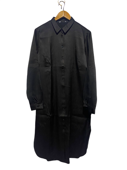 |L| BUST 20| A14| CLASSIC BLACK BUTTON-DOWN SATIN SHIRT DRESS / LONG TUNIC