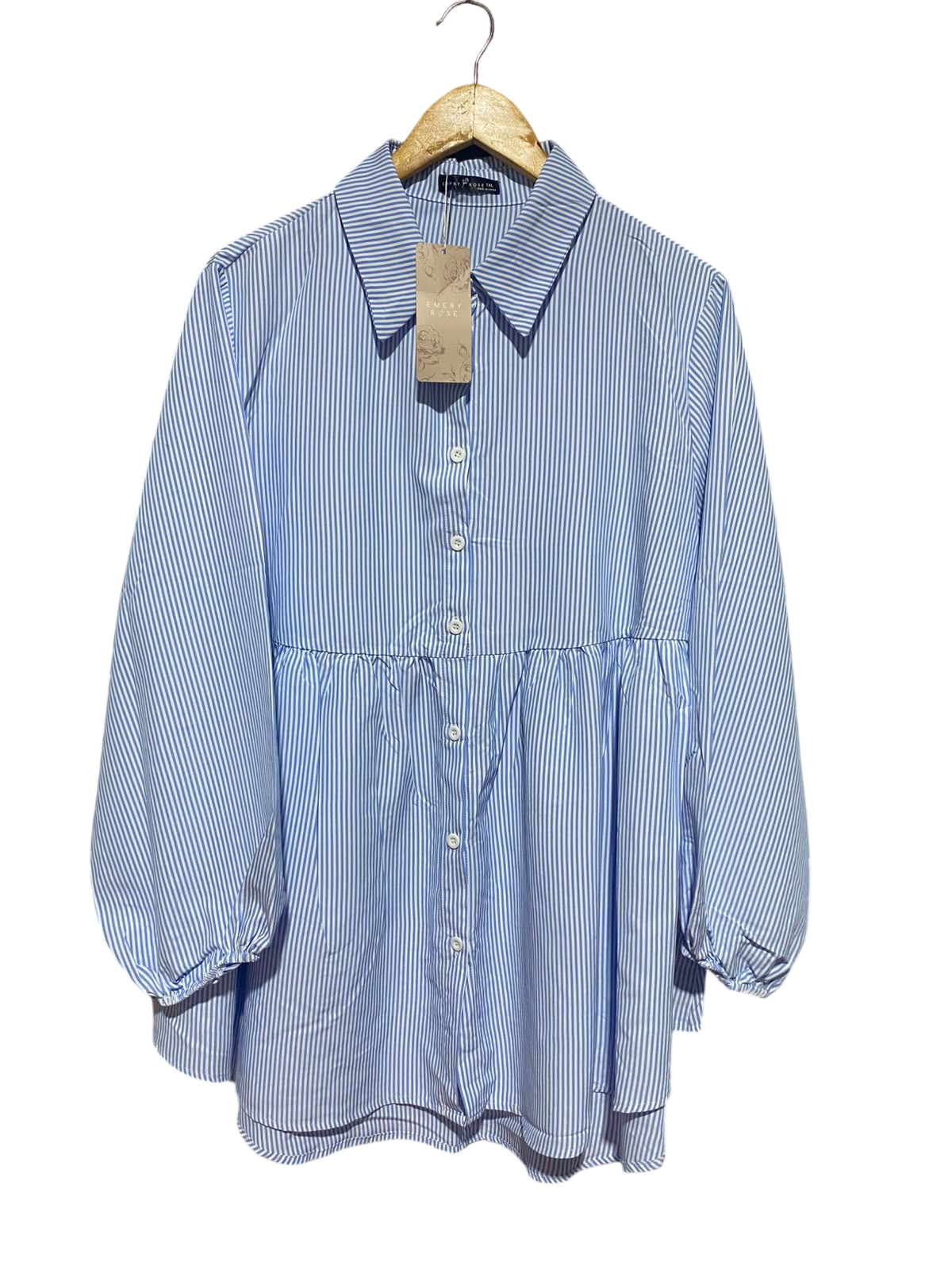 EMERY ROSE |XL| BUST 24| A14| BLUE & WHITE STRIPED BUTTON-FRONT BABYDOLL TUNIC SHIRT