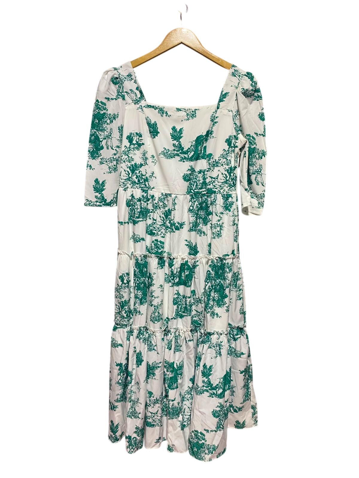 SHEIN |M| BUST 16| A14| GREEN TOILE DE JOUY SQUARE-NECK TIERED MAXI DRESS