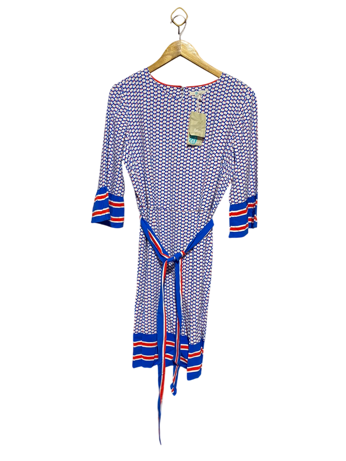 BODEN |M| BUST 19| A14| BODEN GEOMETRIC PRINT BELTED MIDI DRESS - BLUE, RED & WHITE