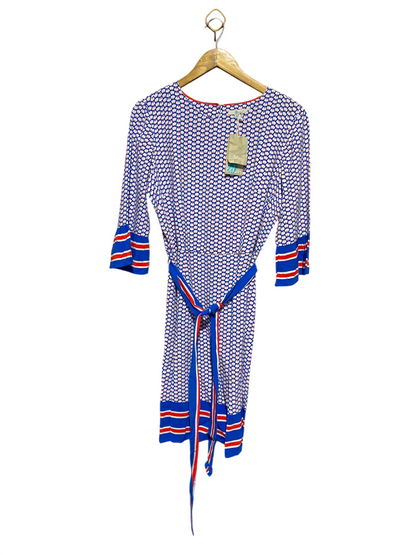 BODEN |M| BUST 19| A14| BODEN GEOMETRIC PRINT BELTED MIDI DRESS - BLUE, RED & WHITE