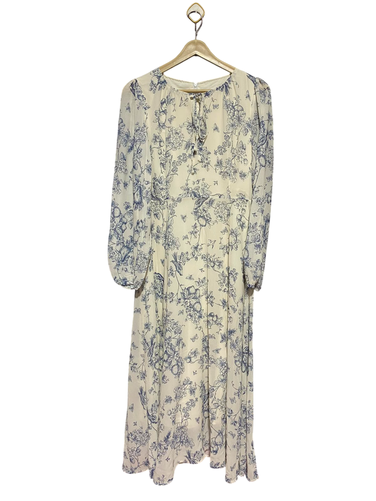 DAZY |XL| BUST 17| A14| VINTAGE BLUE TOILE DE JOUY FLORAL MAXI DRESS WITH FRONT-TIE