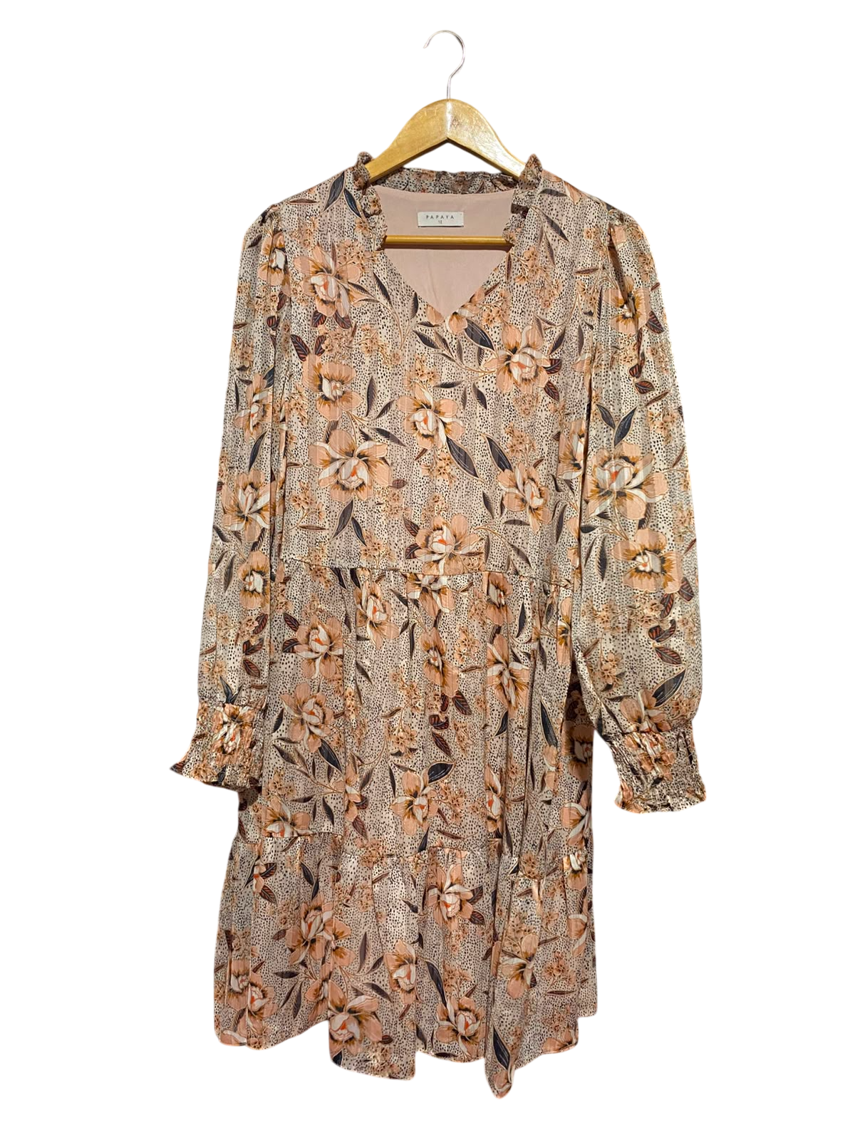 PAPAYA |M| BUST 19| A14| FLORAL PRINT METALLIC THREAD TIERED MIDI DRESS - BEIGE & BLUSH PINK