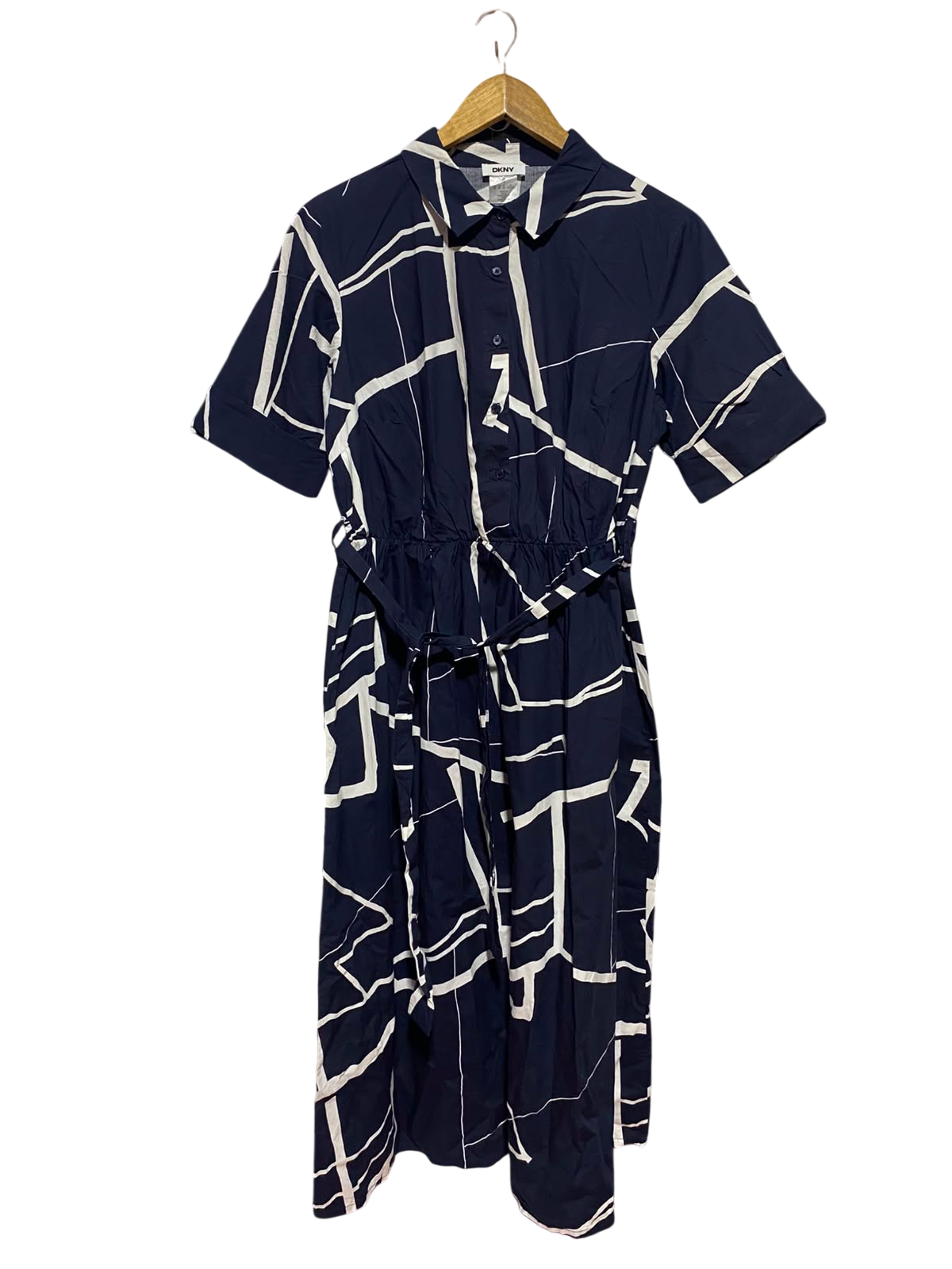 DKNY |M| BUST 18| A14| NAVY BLUE ABSTRACT LINE PRINT BUTTON-FRONT MIDI SHIRT DRESS WITH BELT