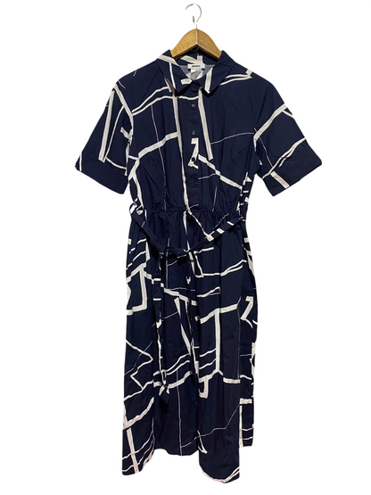 DKNY |M| BUST 18| A14| NAVY BLUE ABSTRACT LINE PRINT BUTTON-FRONT MIDI SHIRT DRESS WITH BELT