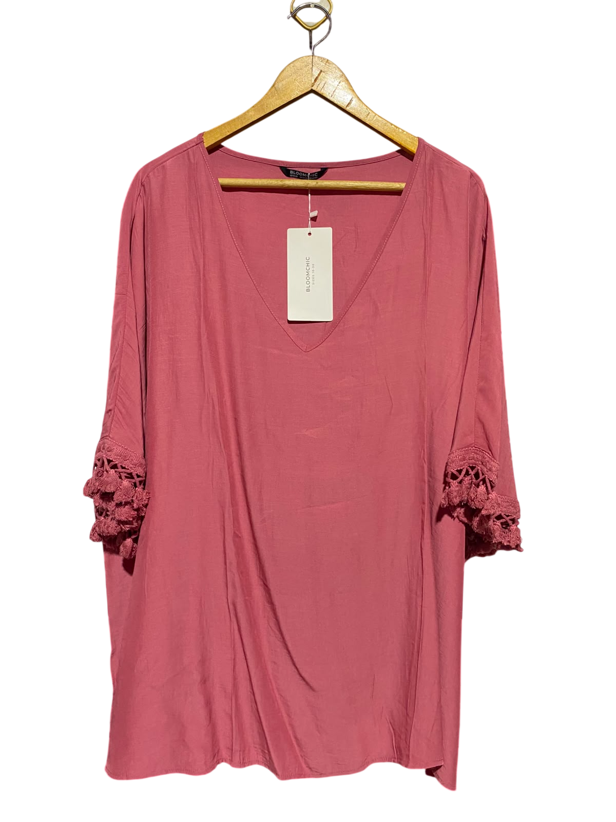 BLOOM CHIC |XL| BUST 26| A14| WOMEN'S MAUVE PINK CROCHET TASSEL-SLEEVE V-NECK TUNIC TOP