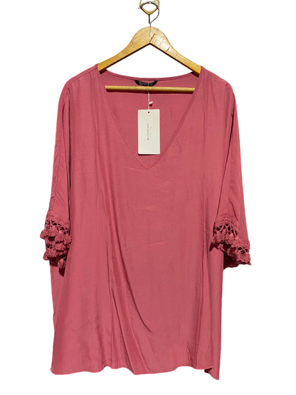 BLOOM CHIC |XL| BUST 26| A14| WOMEN'S MAUVE PINK CROCHET TASSEL-SLEEVE V-NECK TUNIC TOP