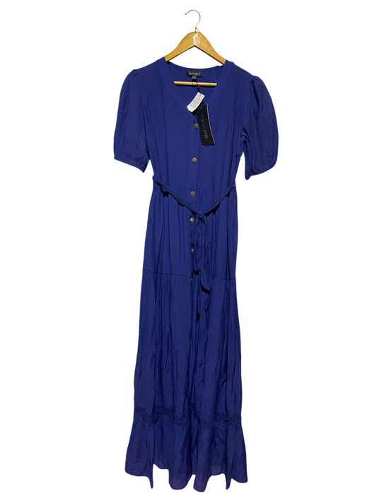 BLUE VANILLA |XS| BUST 16| A14| WOMEN'S ROYAL BLUE BUTTON-FRONT TIERED MAXI DRESS WITH TIE BELT