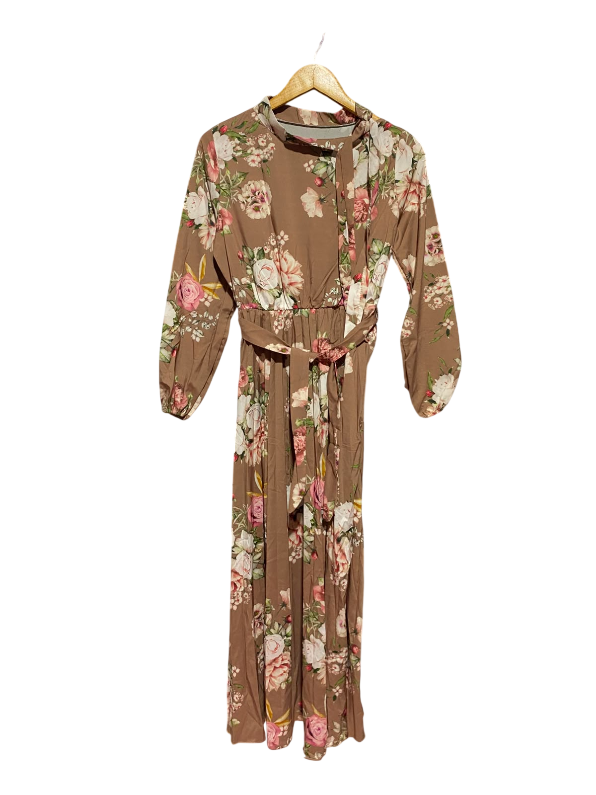|M| BUST 18| A14| WOMEN'S FLORAL PRINT TIE-WAIST MAXI DRESS - MOCHA BROWN
