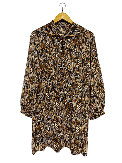 |L| BUST 21| A14| ABSTRACT PRINT TIE-NECK MINI / TUNIC DRESS - BROWN & BLACK