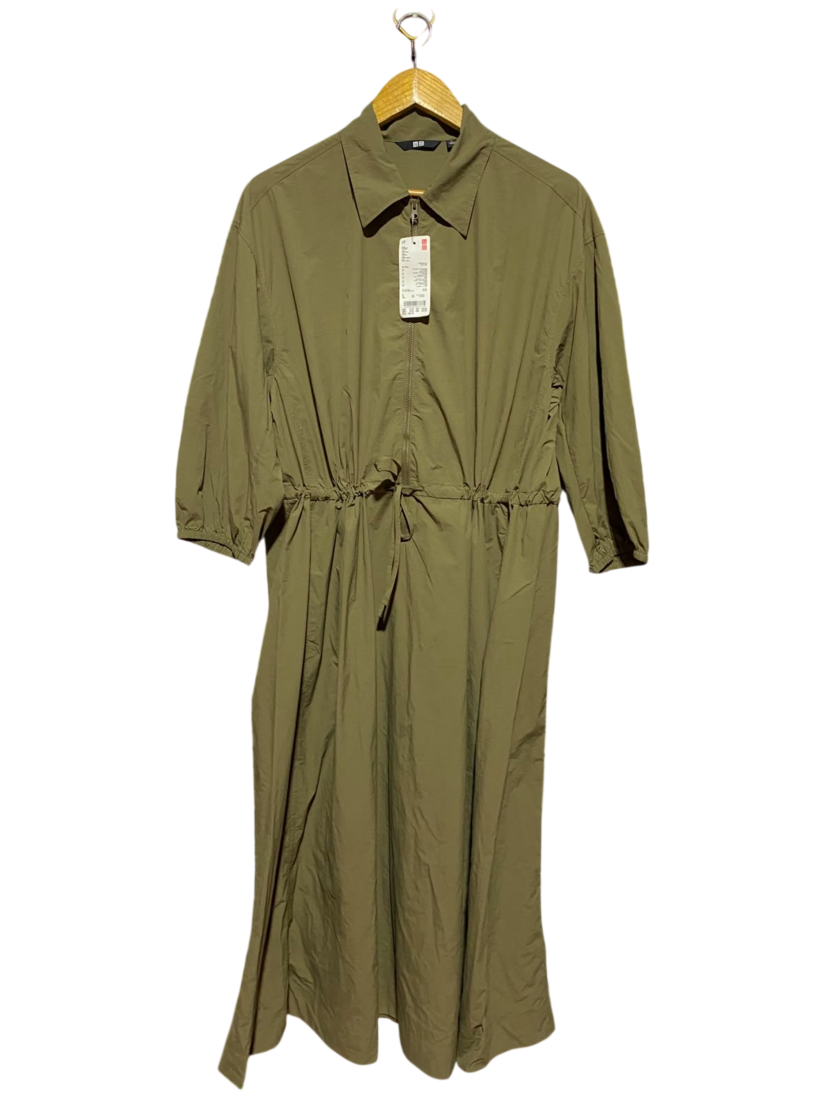 UNIQLO |L| BUST 14| A14| HALF-ZIP DRAWSTRING WAIST MIDI SHIRT DRESS - OLIVE GREEN