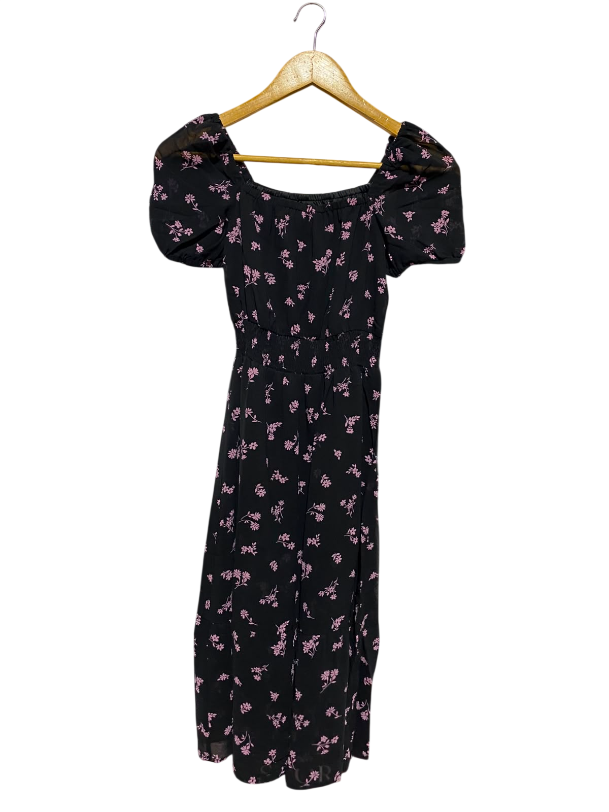 NEW LOOK |XS| BUST 13| A14| FLORAL PRINT PUFF-SLEEVE MIDI DRESS - BLACK & PINK