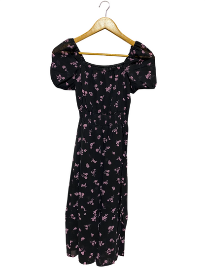 NEW LOOK |XS| BUST 13| A14| FLORAL PRINT PUFF-SLEEVE MIDI DRESS - BLACK & PINK