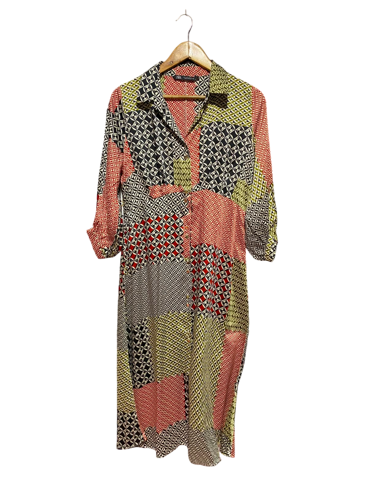 ZARA |S| BUST 18| A14| GEOMETRIC PATCHWORK PRINT BUTTON-DOWN MIDI SHIRT DRESS
